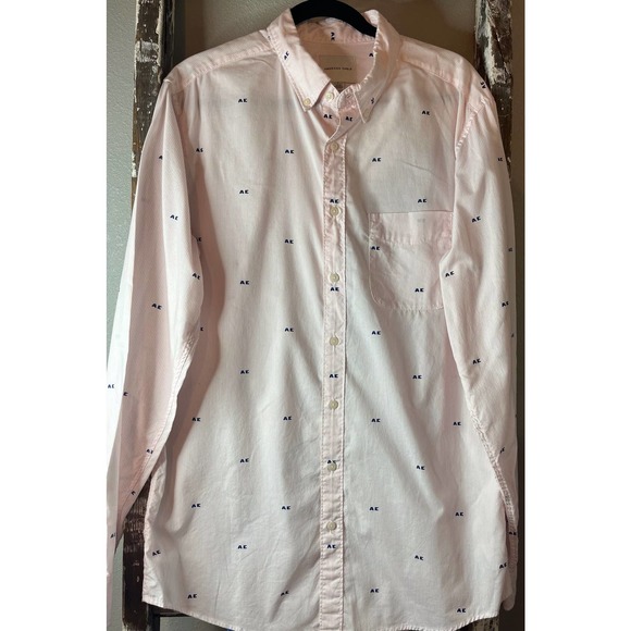 American Eagle Mens Long Sleeve Button Down Shirt AE Print‎ Pink Striped - Picture 1 of 5